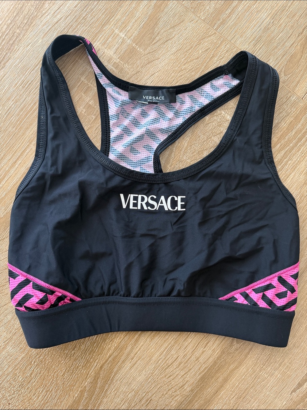 Versace Black Sports Bralette with Pink Graphic Trim